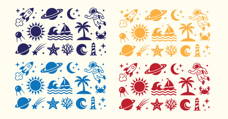 Space and sea theme icons collection in multiple colors for creative design project visuals. © TREND AND VECTORS