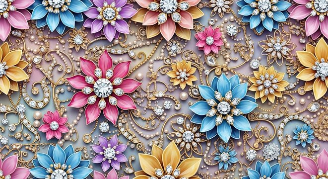 Ornate floral pattern with colorful gems and jewels.