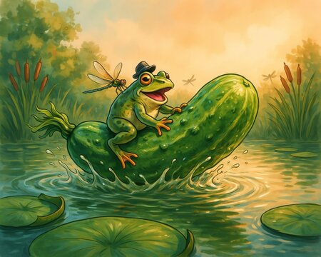 frog in the water on Cucumber