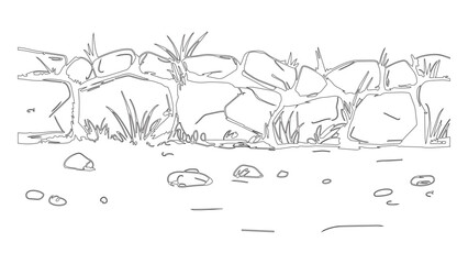 Naklejka premium Stone wall border sketch with wild plants and scattered rocks on ground vector illustration.