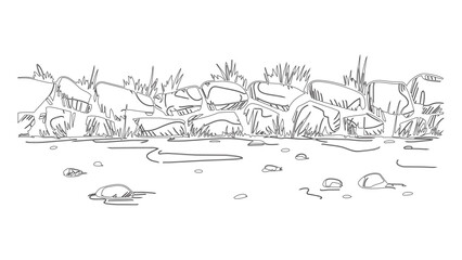 Fototapeta premium Stones and grass outline doodle drawing, black and white sketch art, seamless border pattern.