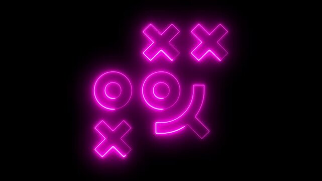Neon pink tic tac toe game glowing animation on black background, light