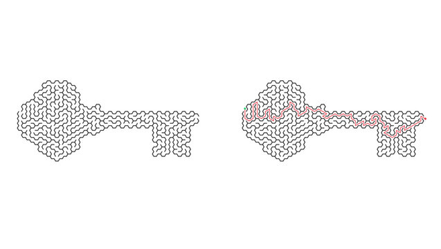 Key hexagonal maze with solution. Door key silhouette hex labyrinth, black and white flat vector puzzle game