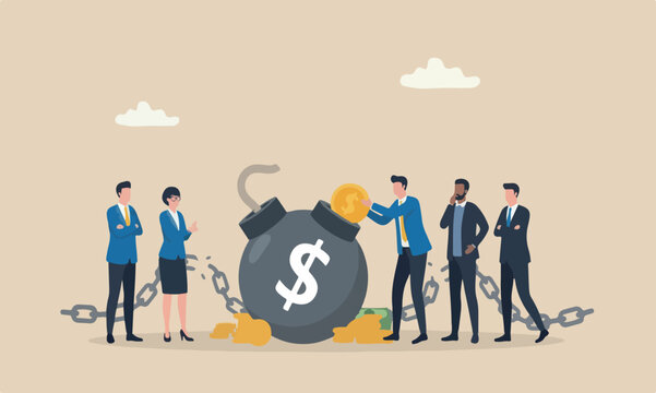 Pay off debt,meeting teams together debtor, money decision, liability relief, deficit or borrowing due, indebted concept, businessman hand put dollar coin money into debt bomb
