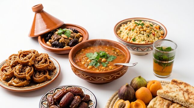 Traditional Moroccan Feast for Ramadan Iftar with Harira Soup, Lamb Tagine, Couscous, Chebakia, Dates and Mint Tea on White Background. Authentic Arab Cuisine and Festive Food.