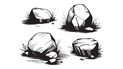 Sturdy rock boulders with grass hand drawn sketch vector set isolated on transparent background. © Sara Studio