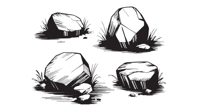 Sturdy rock boulders with grass hand drawn sketch vector set isolated on transparent background.