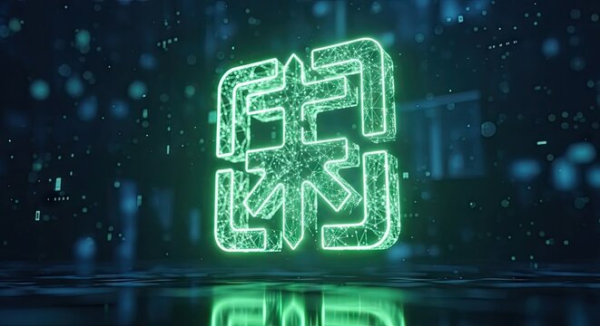 Glowing green digital circuit board pattern icon on dark background.