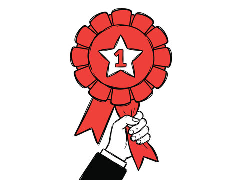 Red rosette award, hand holding a first-place prize ribbon, victory celebration graphic, achievement and success vector illustration for recognition.