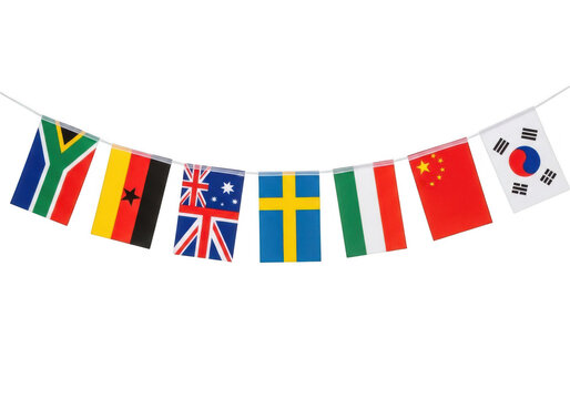String of international flags bunting isolated on transparent background