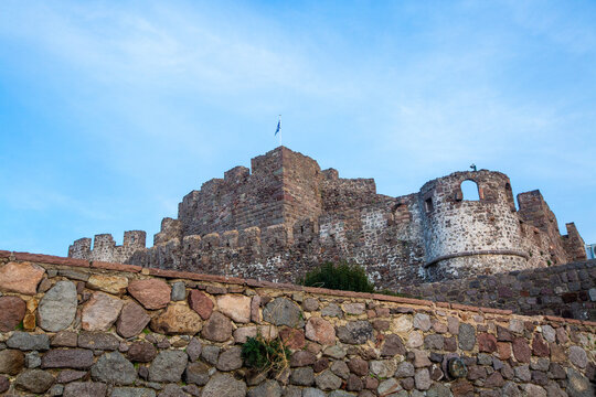 Traditional Greece. Lesvos island, view of town Molyvos (Mithymna) with old castle above