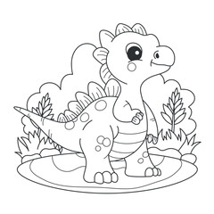 Cute baby dinosaur coloring page, cartoon stegosaurus character in prehistoric landscape, black and white line art vector for kids activity book © Raju