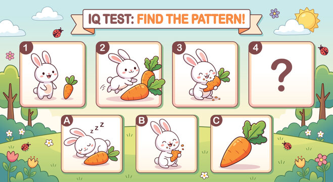Cute IQ test worksheet for kids. Find the next pattern puzzle game with a kawaii rabbit and carrots in a sunny park background. Colorful vector educational illustration for children.