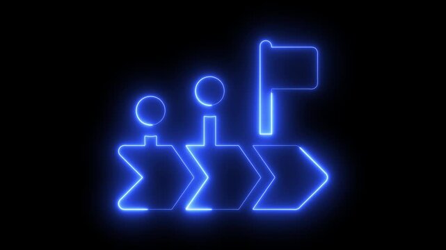 Neon blue roadmap animation with progress markers and goal flag for business strategy and project management