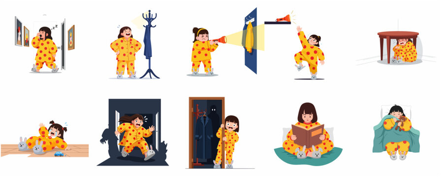Little girl in yellow pajamas bedtime routine and night fears collection, cute child character experiencing sleepwalking, hiding from shadows, reading stories, and sleeping with teddy bear.