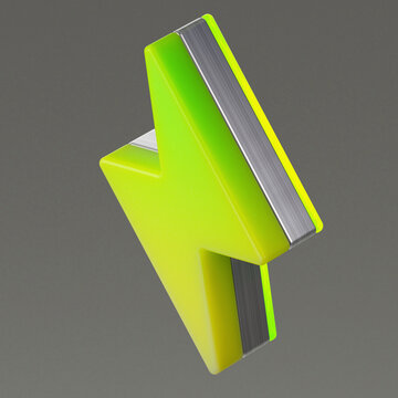 3D lightning bolt icon with a bright neon green and yellow finish and metallic edges. This vibrant symbol represents energy, power, speed, and electricity, ideal for web and app designs