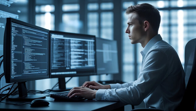 Programmer Working On Computer With Multiple Monitors Programmer Computer