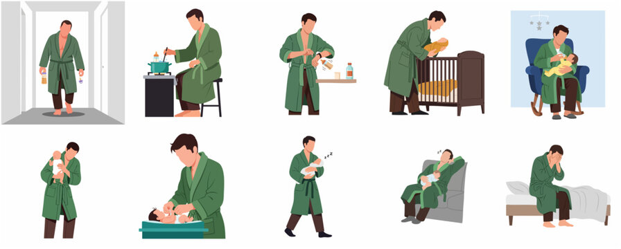 Set of illustrations depicting a tired father taking care of his newborn baby during a nightly routine
