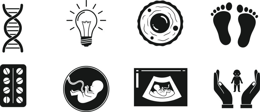 Medical reproduction icons set showing DNA, pregnancy, fetus, ultrasound, neonatal care, genetics, conception, healthcare, medicine, family life