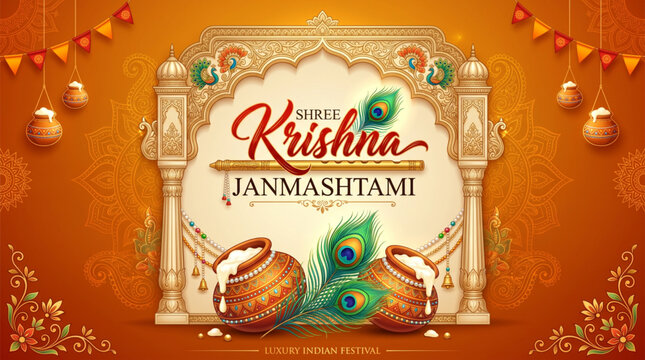 Elegant Krishna Janmashtami celebration banner with peacock feathers butter pots and festive Hindu design
