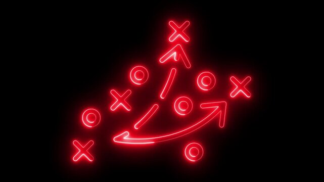 Neon red strategy planning diagram with arrows and symbols on black background, tactics glowing