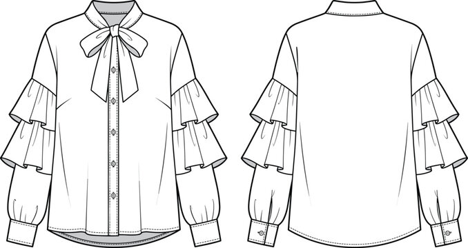 Technical of a white blouse with ruffled sleeves and bow, front and back view technical fashion front and back view