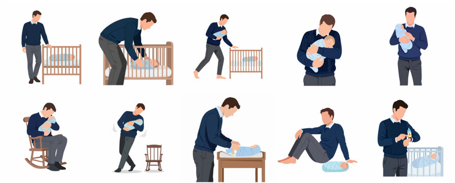 Father Caring for Newborn Baby Illustrations Set: Parenting, Feeding, Changing Diapers, and Sleep Routines