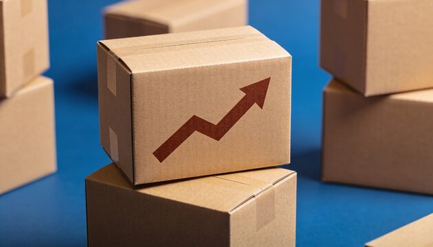 A close-up view of several brown cardboard shipping boxes stacked and scattered on a vibrant blue background, with one prominent box featuring a red upward-pointing arrow emblem, symbolizing growth, i