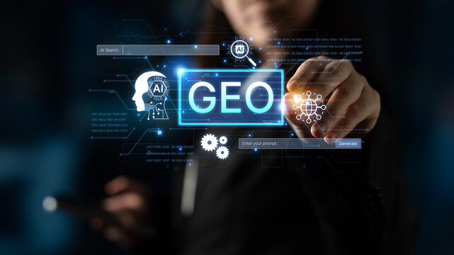Digital marketing concept featuring GEO strategy. Generative AI search visual shows GEO interface integrating intelligence, logic, and AI input system for prompt tasks. Corpus