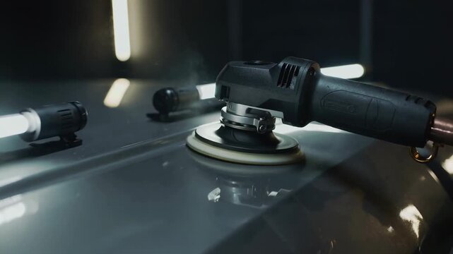 Car detailer using a dual action polisher to buff a grey vehicle panel. Paint correction process for automobile maintenance and gloss restoration in a workshop.