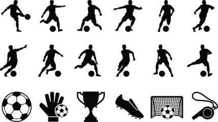 Football Soccer Player Silhouette Bundle with Sports Icons Ball Trophy Boot and Goal Vector Set © DolanAktar