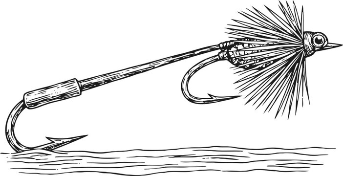 fishing fly hook detailed sketch classic angling lure with feather and barbed hook