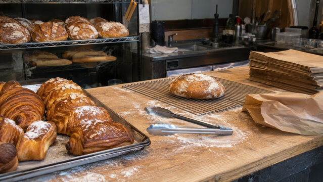 Fresh bread bakery counter rustic pastry artisan loaf everyday scene flour dust wooden table paper bag metal tong baked good