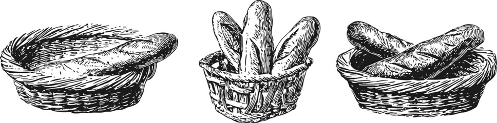 Obraz premium Three hand drawn bread baskets vintage rustic wicker woven basket outlines set