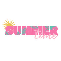 Summer time lettering decorated with sun and tropical leaves. Summer vibes illustration on transparent background. Summer theme typography for greeting/invitation card and t-shirt printing. © vicaas