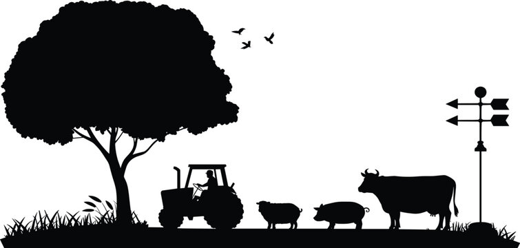 Rural Farm Scene Silhouette with Cow Pig Tractor Farmer Tree and Weather Vane Landscape