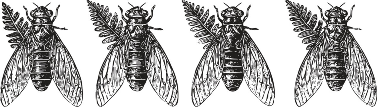 vintage engraving of cicadas set insect detailed black and white illustration