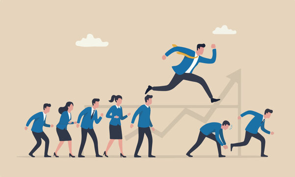 Career competition meeting teams together people get to goal, take advantage of coworker to success, selfish businessman jump over other people to achieve target