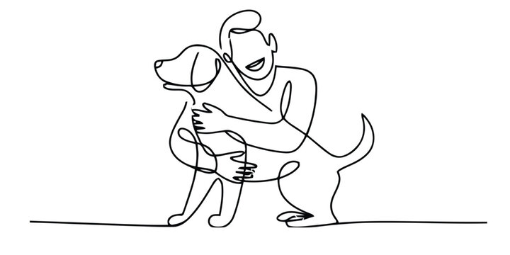 Continuous single line drawing of a happy man hugging his loyal dog best friend showing love and friendship between human and pet Vector, illustration