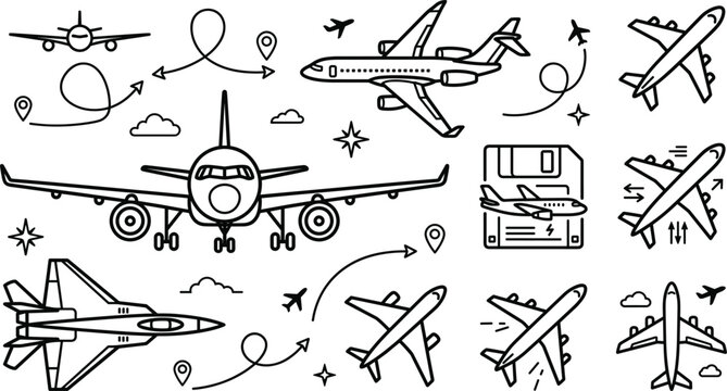 Aviation and commercial travel line icon set with airplane jet fighter flight paths location pin and floppy disk