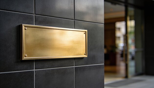 Blank polished brass plate on a modern dark tiled building exterior, offering a clean, empty space for custom text or logo, against a softly blurred entry with natural light in the background