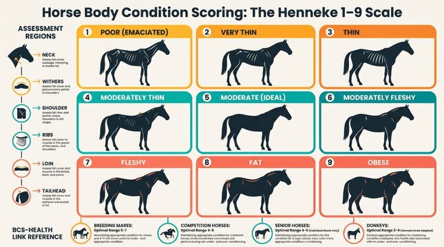 Horse Body Condition Scoring Henneke Scale Veterinary Infographic � Equine Nutrition Assessment 1 to 9 Chart