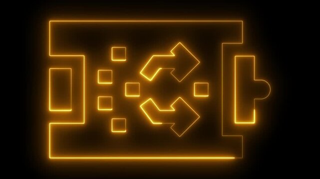 Neon glowing battery charging with animated energy flow and data transfer arrows power