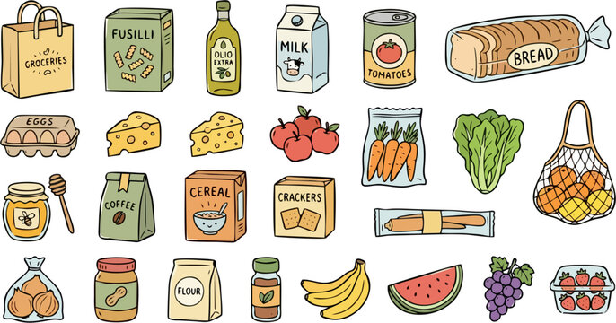 Hand Drawn Grocery and Pantry Food Collection with Bread, Milk, Pasta, Fruits, Vegetables and Kitchen Staples
