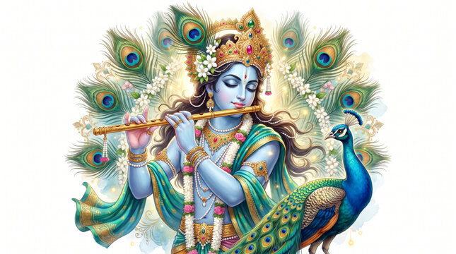 Elegant Lord Krishna flute illustration with peacock and divine devotional art for Janmashtami design