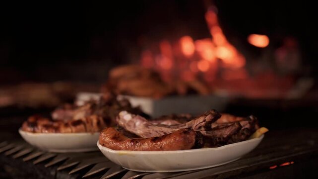 Delicious plates of sausages and ribs grilling over an open flame. Traditional barbecue food preparation in a restaurant kitchen with fire in the background