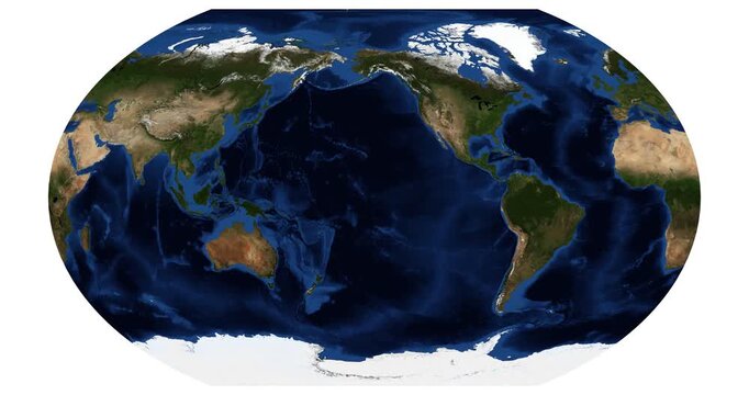 World map animation. Kavrayskiy VII projection with longitude shift rotation. High-detail physical Earth view. June View. Elements of this video furnished by NASA.
