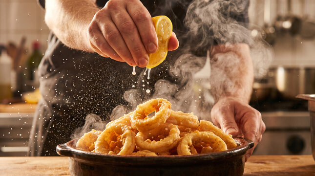 Action Shot Squeezing Lemon Juice over Crispy Fried Calamari