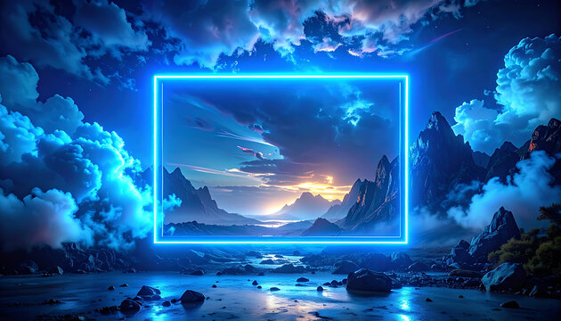 Abstract neon blue square frame hovering over a dramatic mountain landscape at sunset with glowing clouds and reflections on water