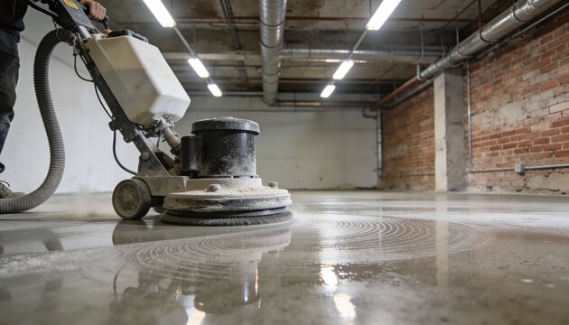 A commercial floor buffer cleans a concrete surface in an industrial or commercial building, showcasing professional maintenance and strong work ethic in a functional, well-lit space